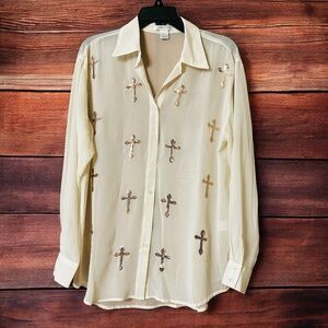 Glamorous Cream Sheer Button Up Long Sleeve Blouse Gold Crosses | Size S | NWOT